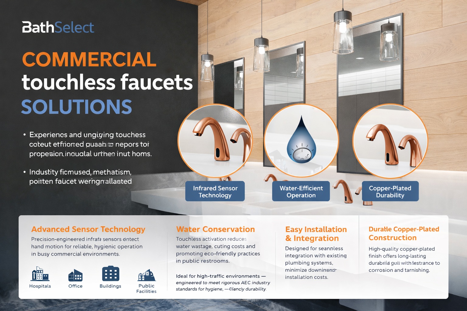 Modern commercial restroom featuring BathSelect touchless fixtures